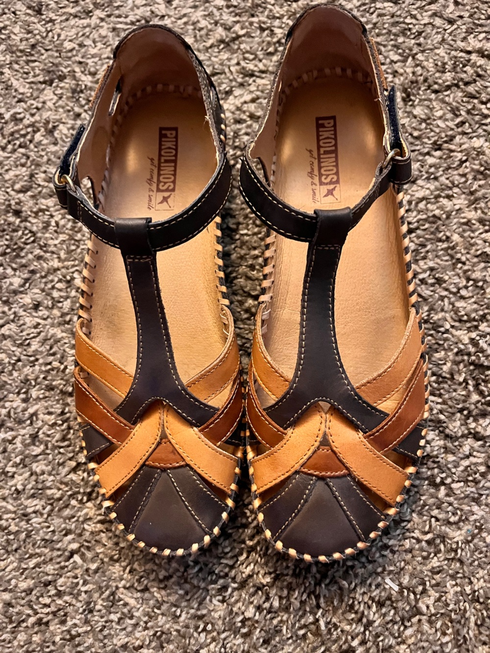 PIKOLINOS Two-Tone Brown and Tan Leather T-Strap Flats